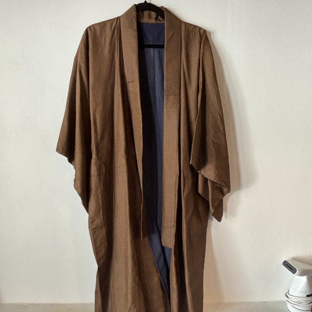 Vintage Japanese Kimono Haori Robe – Brown & Navy Lined, Unisex
